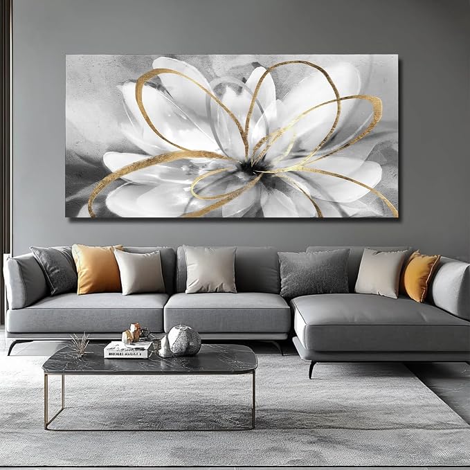 SOUGUAN Large Canvas Wall Art White Flower Painting 30x60 Inch Black Art for Living Room Bedroom Office Home Wall Accents