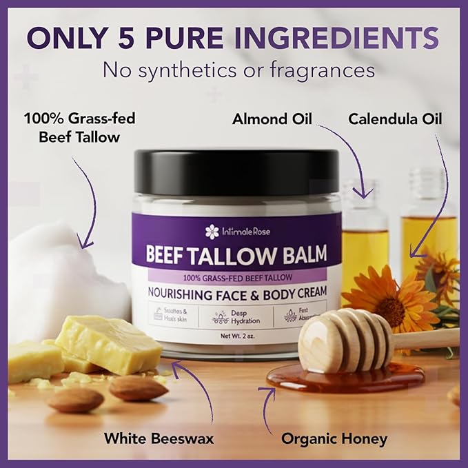 Whipped Tallow and Honey Balm for Face & Body - 100% Grass Fed Beef Tallow Balm Only 5-Ingredients No Scent with Organic Honey & Calendula - Natural Moisturizer for Dry Sensitive Skin - Unscented, 2oz