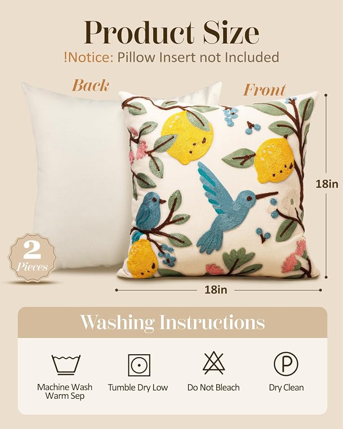 Embroidered Throw Pillow Covers 18x18 Inch, 2Pack, Bird Lemon | Decorative Pillow Covers Set of 2, Farmhouse Cushion Cases with Hidden Zipper, Cottagecore Decor for Couch, Sofa, Living Room