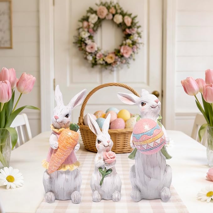 Hodao Easter Bunny Family Figurines, Hand-Painted Resin Rabbit Decor Set with Carrot, Flower & Easter Egg, Rustic Farmhouse Spring Tabletop Decorations, Cute for Home, Shelf, Mantel