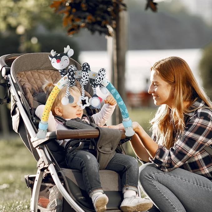Caterbee Baby Bjorn Bounce Arch Toy bar, Black and White with Stretch & Spiral Hanging Activity Set, Adjustable Clamp for Strollers, Cribs & Car Seats, Includes Rattles, Squeaker & Teether (01)