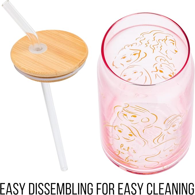 Silver Buffalo Disney Princess Glass Tumbler with Bamboo Lid and Glass Straw Featuring Pocahontas, Tiana, Snow White, Ariel, Belle, Jasmine, Rapunzal, Cinderella, and Moana, 16 Ounces