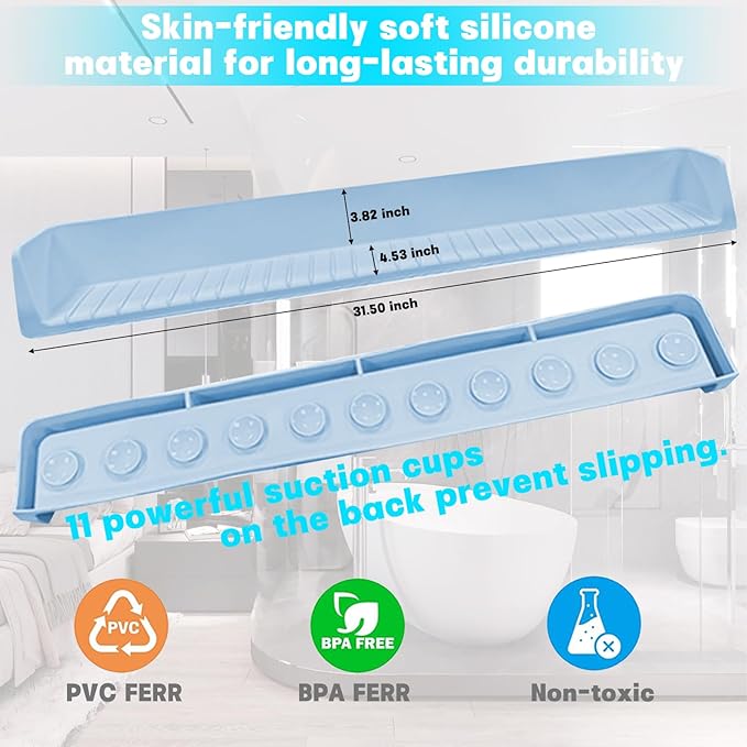 Extra Long White Bathtub Splash Guard Splash Guard Silicone Toy Shelf Holder Prevent Water Spills Kid Bath Tub Accessories (2.6FT, Blue)