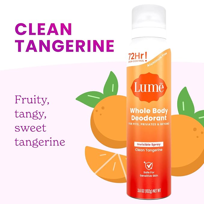Lume Invisible Spray Deodorant For Women - Whole Body Deodorant Spray - 72 Hr Odor Control - Ozone Friendly, Natural Propellant - Baking Soda & Aluminum Free - Skin Loving, Full Body - Clean Tangerine