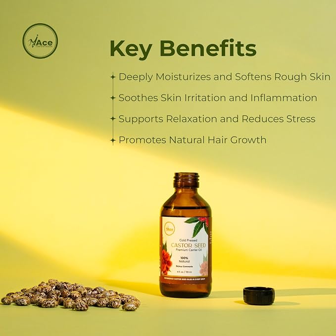 My Ace Castor Carrier Oil 4 Fl Oz - 100% Pure & Natural - Premium Grade, Cold Pressed Unrefined for Skin & Face Care, Hair Growth, Facial & Body Massage, Scalp Treatment, Stretch Marks & Aromatherapy