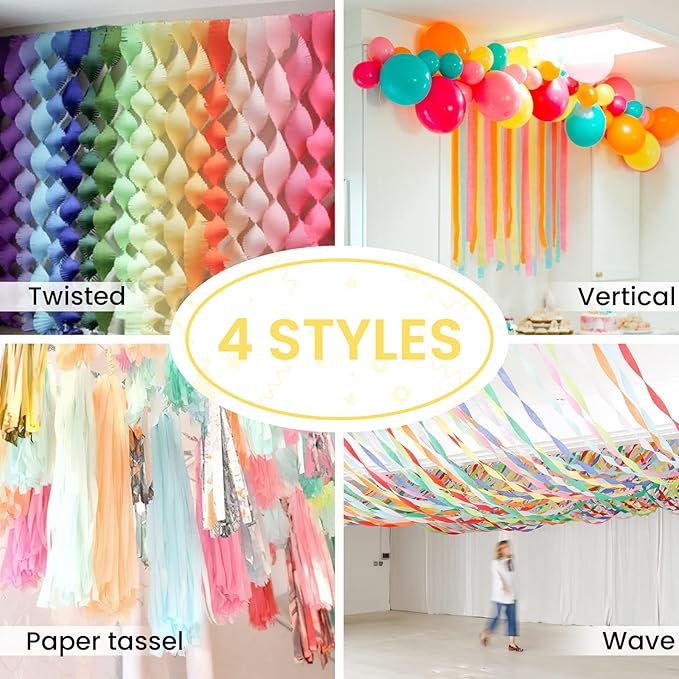 PartyWoo Crepe Paper Streamers 6 Rolls 492ft, Pack of Party Streamers in 6 Pastel Colors for Birthday Decorations, Party Decorations, Wedding Decorations (1.8 Inch x 82 Ft/Roll)