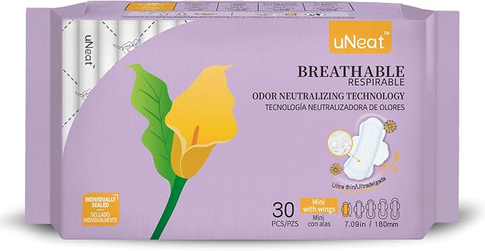 uNeat Panty Liners for Women & Teens, Pantiliners with Wings, Mini Sanitary Pads, Light Periods and Leaks, Ultra Thin Daily Liners for Women,30 Count
