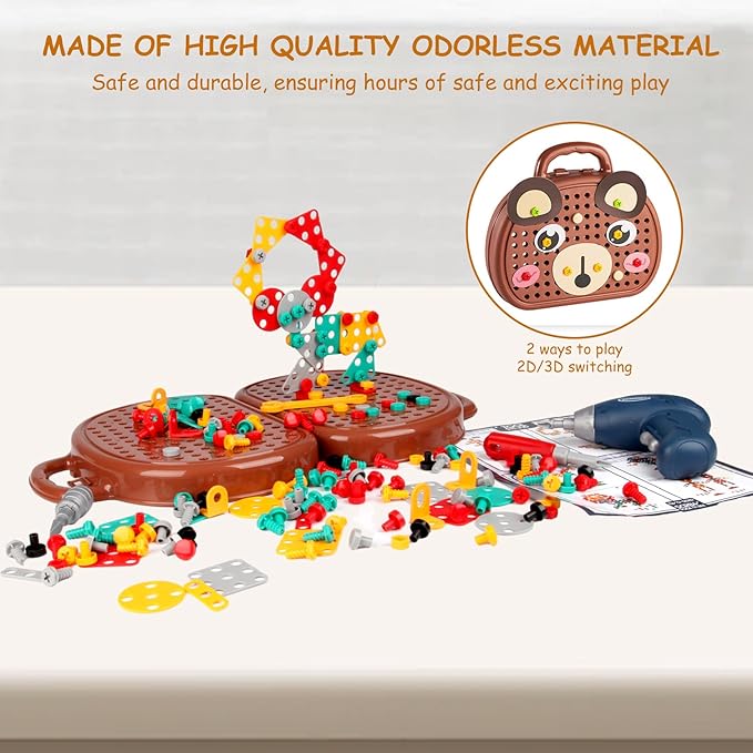 YououiiMagic Montessori Play Toolbox Bear, STEM Kits for Kids Ages 3-12, Creativity Tool Box with Drill Kids Building Toys, DIY Educational Construction Engineering Toys Preschool Toys