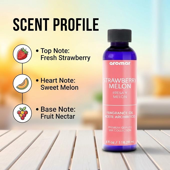 Aromar Premium Fragrance Oil, Long-Lasting, Refreshing Uplifting Aroma for Aromatherapy, Relaxation & Household Uses, Strawberry Melon 4 oz.