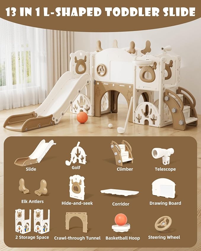 XJD Toddler Slide,13 in 1 Kids Slide for Toddlers, New Upgrade with Golf Set, Basketball Hoop, Drawing Board for Indoor Outdoor Playset,Toddler Playground (Brown)