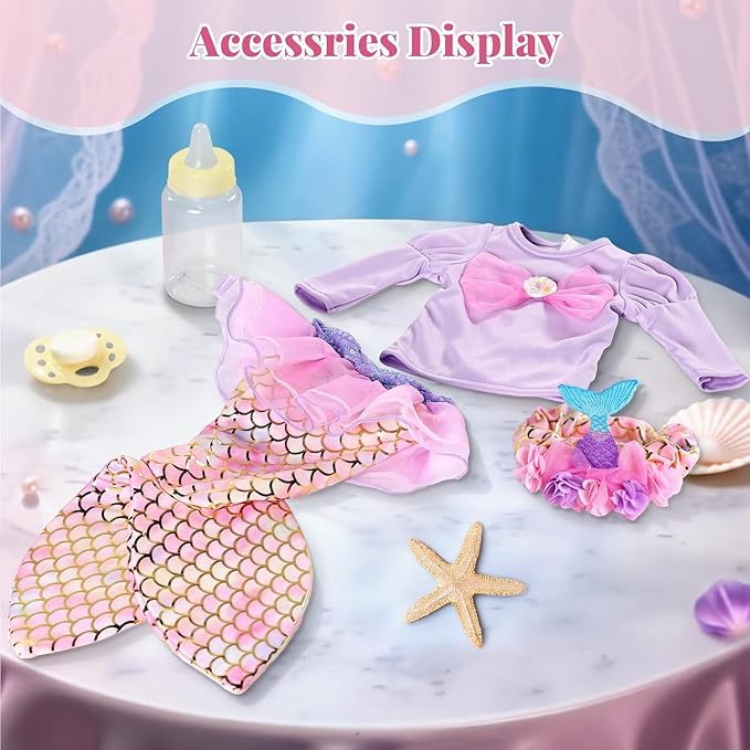 BABESIDE Mermaid Baby Doll - 17-Inch Realistic Soft Baby Dolls with Playful Mermaid Tail & Accessories Easy to Carry Mermaid Toys for 3 4 5 6 7 8 9 Years Girls Birthday Gift, Pretend Play & Christmas