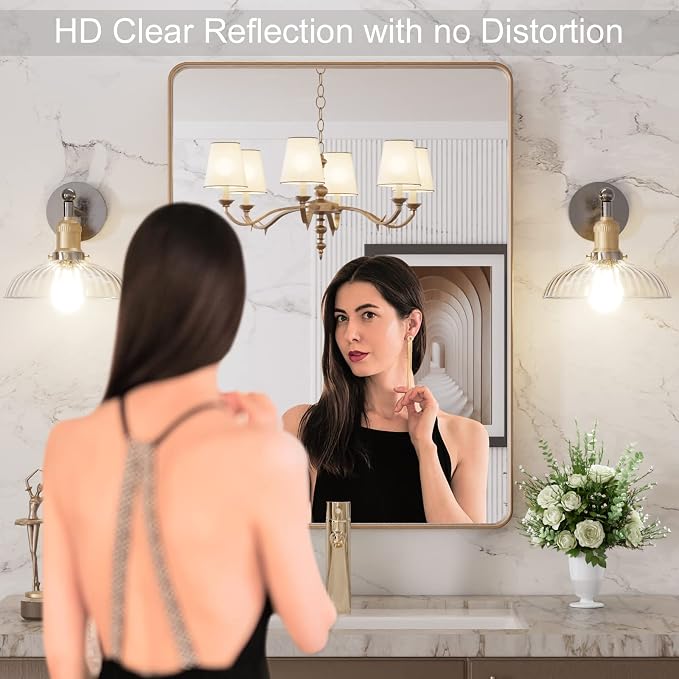 LOAAO 22"X30" Gold Bathroom Mirror | Rounded Rectangle, Brushed Gold Frame, Wall-Mounted, Anti-Rust, Hangs Horizontally or Vertically