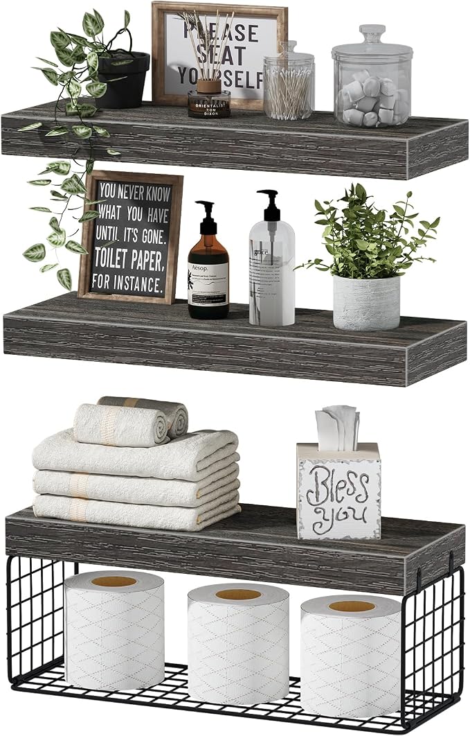 QEEIG Bathroom Shelves Over Toilet - Wall Mounted Floating Shelves Toilet Paper Storage Small Farmhouse Decor Shelf 16 inch Set of 3, Grey (019-GY3)