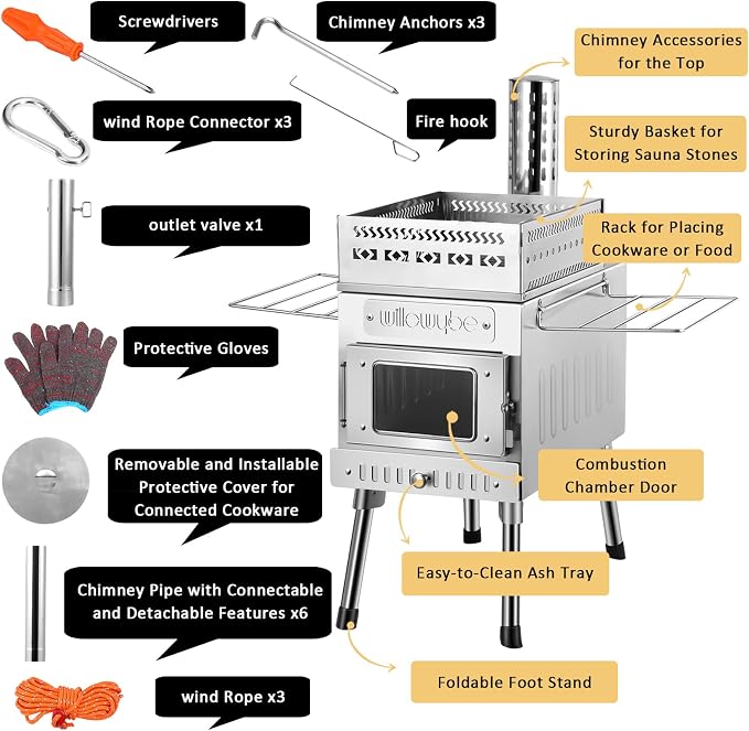 WILLOWYBE Portale Outdoor Sauna Set with Sauna Tent, Sauna Wood Stove for Dry Sauna, Cooking for Family and Friends