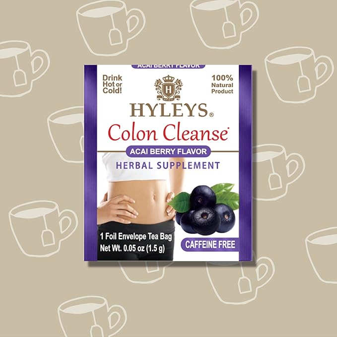 HYLEYS Colon Cleanse Tea, Acai Berry Flavor - 150 Individually Wrapped Herbal Tea Bags (6 Pack of 25) - Caffeine Free, Vegan