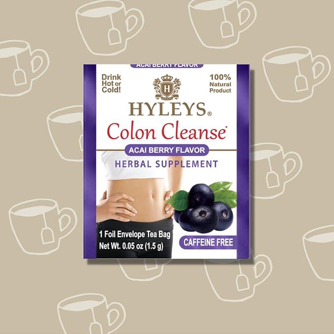HYLEYS Colon Cleanse Tea, Acai Berry Flavor - 300 Individually Wrapped Herbal Tea Bags (12 Pack of 25) - Caffeine Free, Vegan