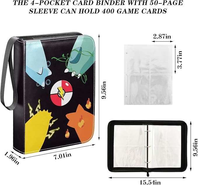 Card Binder, 4 Pocket Trading Card Holder with 50 Removable Sleeves, Zipper Card Binder Fits 400 Cards, Collection Card Storage Case Album Book Gifts