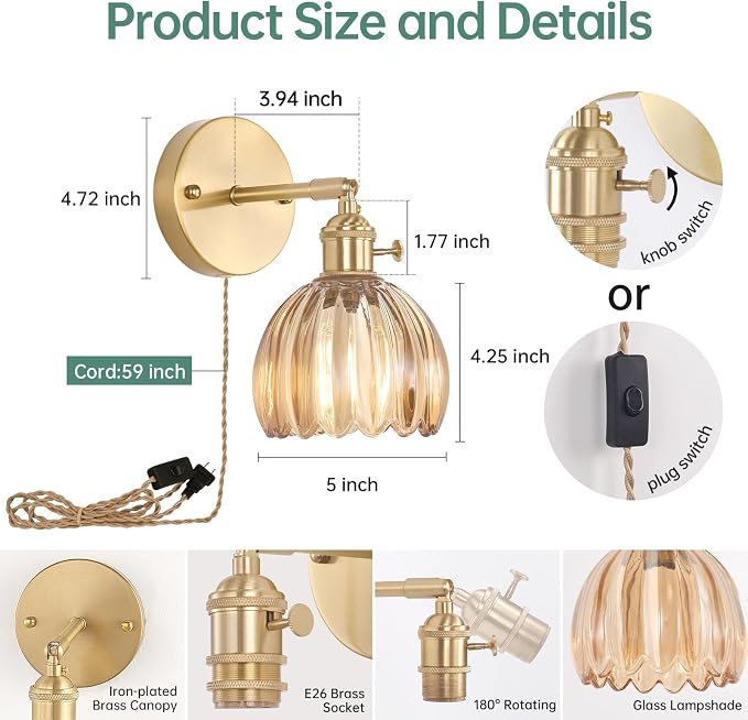 Shenmoyl Plug in Wall Sconce, Amber Tulip Glass Lampshade Wall Light Plugin Corded for Bedside Bedroom Doorway