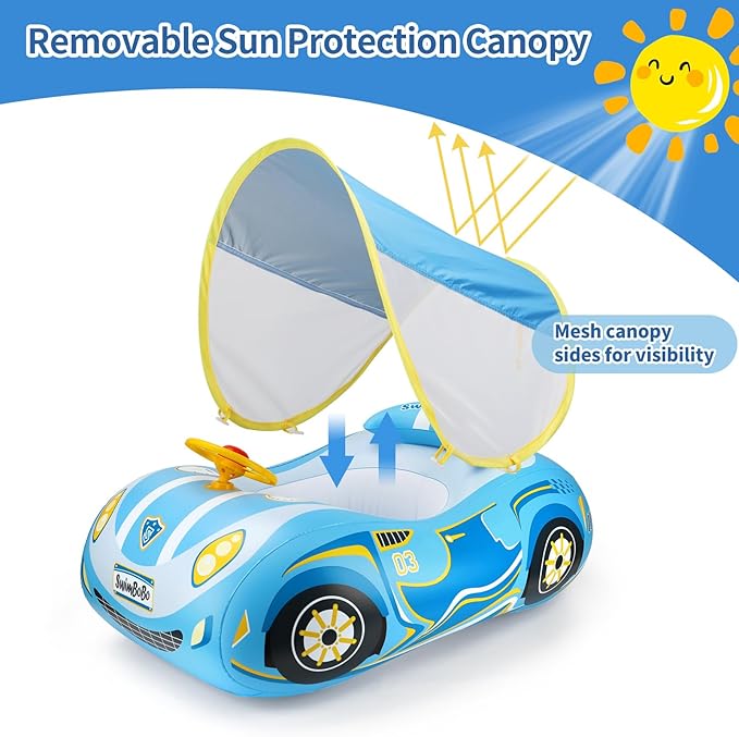 Swimbobo Toddler Pool Float Inflatable Car Baby Swim Float with Adjustable Sun Canopy and Safety Seat Pool Toys for Kids 3+ Years Old (Blue Sports Car)