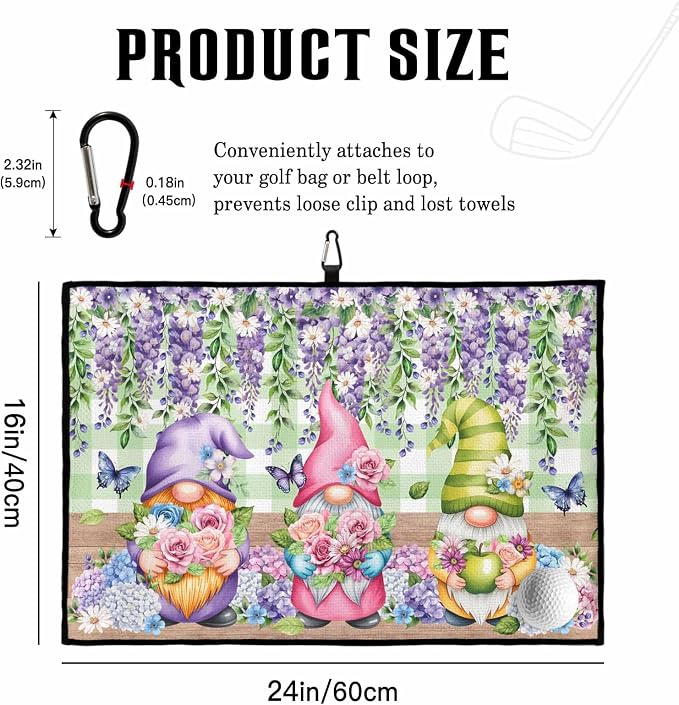Blue Purple Gnomes Golf Towel with Clip, Spring Hydrangea Flower Leaf Green Plaid Large Microfiber Women Men Sports Work Out Disc Golf Bag Towel for Yoga, Gym, Fitness, Swimming Towels Accessory