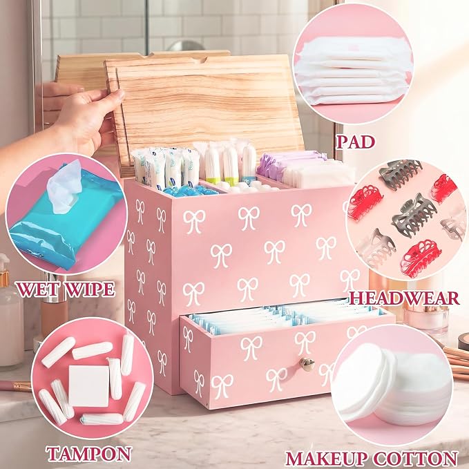 Pink Bow Tampon Holder for Bathroom Wood Feminine Product Organizer with Drawer and Lid Pad and Tampon Organizer Bathroom Accessories Storage Box for Pink Bow Washroom Period Box