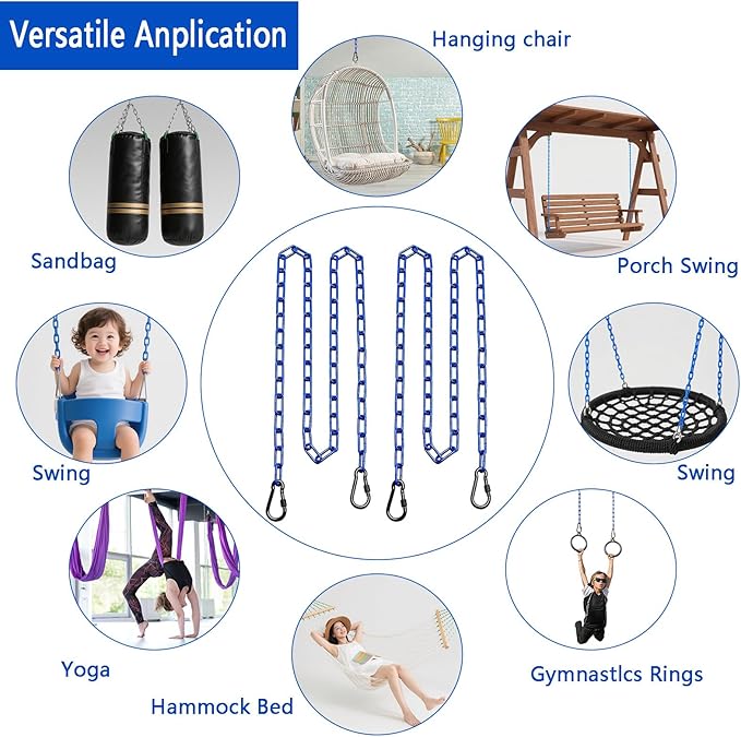 2 Swing Chains Heavy Duty (63") Fully Plastic Coated with 4 Free Quick Links Anti-Rust Iron Link Chains for Playground Kids Tree Swing Seat Accessories and Replacement (Blue)