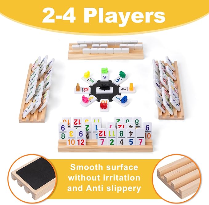 Mexican Train Dominoes Set with 91 Number Tiles, 4 Wooden Racks, Double 12 Dominoes Game Set for Family Fun, Parties, and Travel