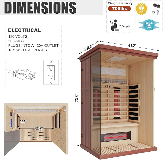 MEISSALIVVE Full Spectrum Sauna for Home, 2 Person Indoor Infrared SPA Room with 10 Minutes Warm-up Heat, Red Cedar Home Sauna Infrared Sauna with Bluetooth and Tempered Glass
