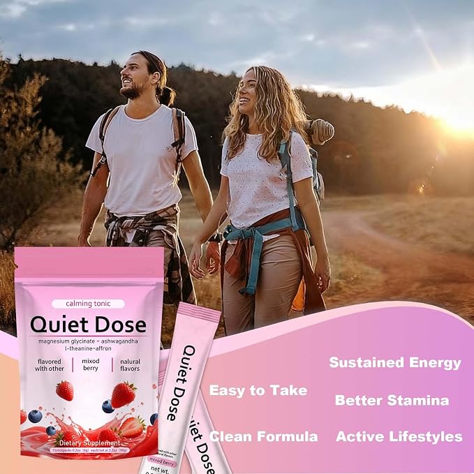 Quiet Dose calm magnesium powder, cortisol reducer supplement, calming drink powder with Magnesium Glycinate, Ashwagandha, L-Theanine, Vitamin D3, | Vegan, Non-GMO, Berry Flavor