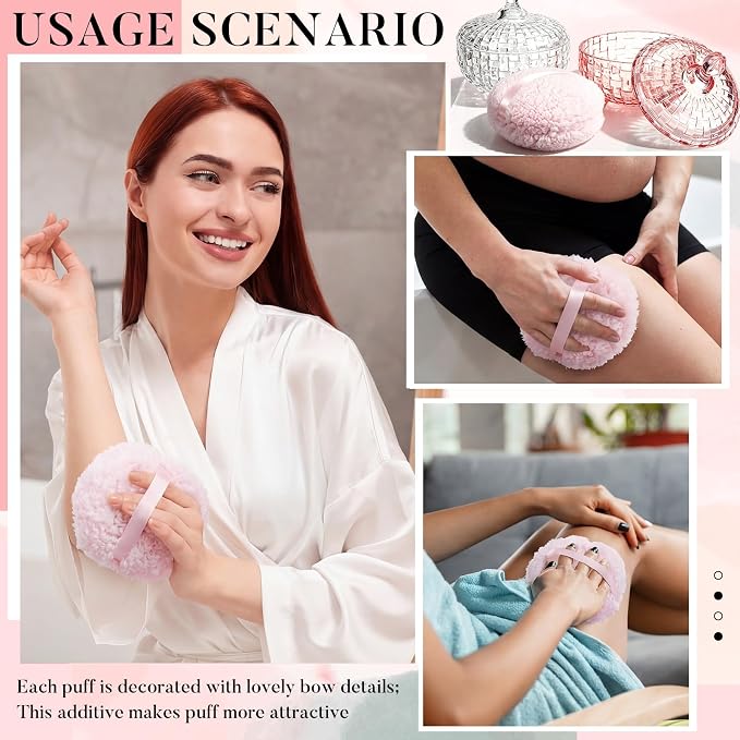 Tioncy 2 Set Extra Large Body Powder Puff and Container, 6'' Washable Vintage Decorative Crystal Powder & Container Gift for Bathroom Counter & Feminine Vanity Decor(Weave Design,Pink and Clear)