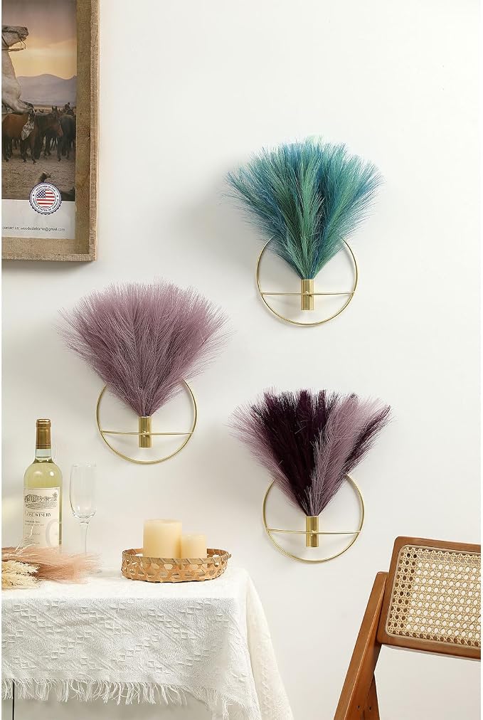Pretty Jolly Boho Pampas Wall Decor Black Metal Wall-Mounted Art | Morden Artificial Greenery Display，2 Pack Hanging Planter For Living Room, Bedroom, Bathroom, Dining room