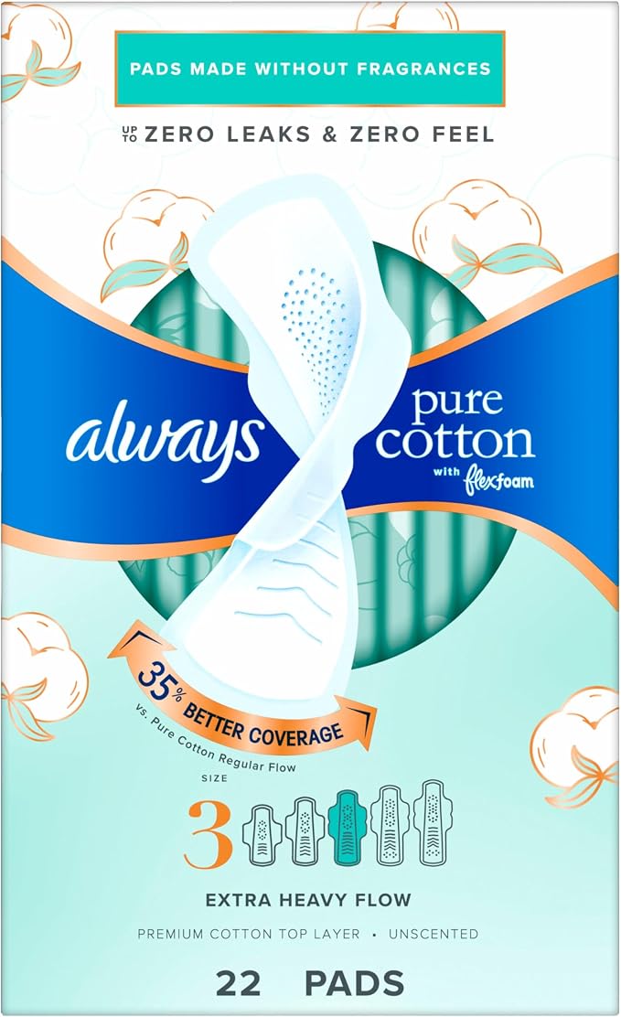 Always Pure Cotton Feminine Pads for Women, FlexFoam Pads with Wings, Size 3, Extra Heavy Flow Absorbency, Unscented, 66 Count (Pack of 2)