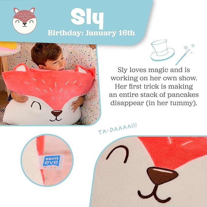 Saint Eve Kids Pillow Pals Fuzzy Pillow Case, Cute Animal Friends Soft Pillow Cover for Kids Beds and Nap Time - Sly the Fox