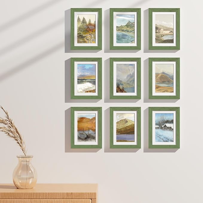 Vittanly 5x7 Picture Frames Set of 9, Wall & Tabletop, Rustic Green | Display Pictures 4x6 with Mat or 5x7 without Mat, Small Photo Frames, Engineered Wood with Shatter Resistant Plexiglass