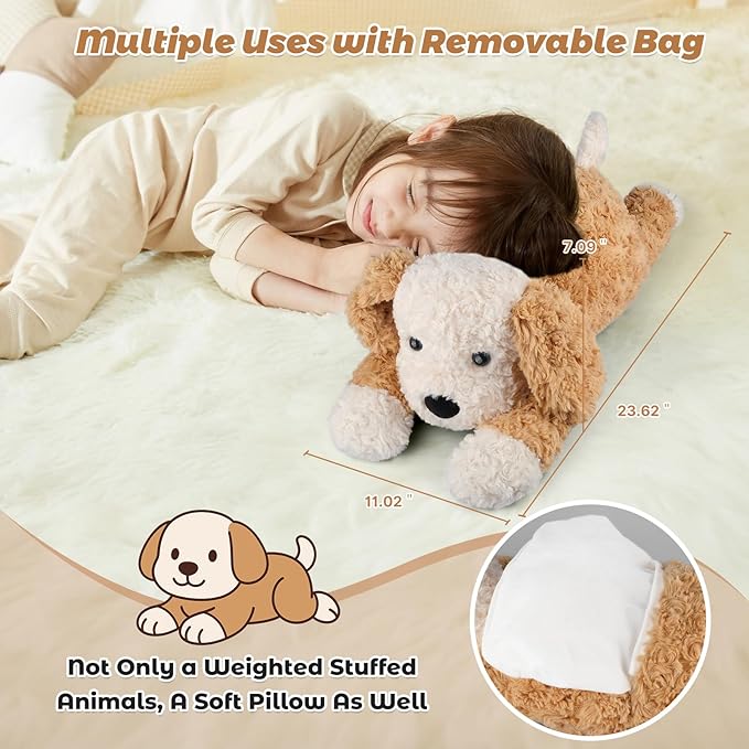 Bobbie & Laxi 24" 4.5lbs Patchwork Dog Weighted Stuffed Animal–Adjustable Sitting & Laying Weighted Dog Plush Toy Pillow with Removable Ceramsite Bag Cuddly Soft Companion for Adult, Kid