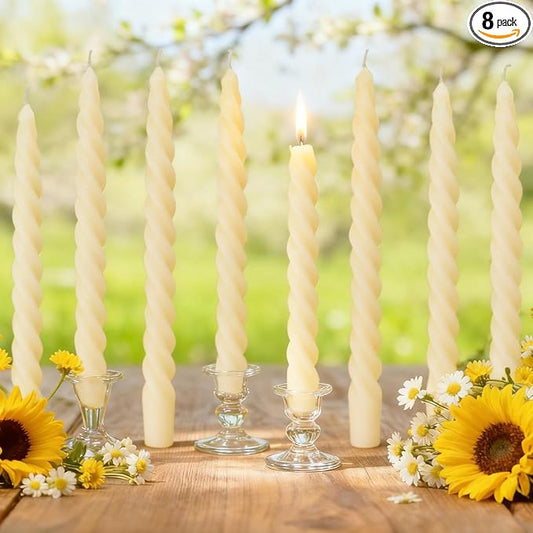 8PCS 10-Inch Pure Beeswax Spiral Taper Candles, Twisted Stick Candles, Dripless & Unscented for Weddings, Christmas, Dinner, Meditation - White