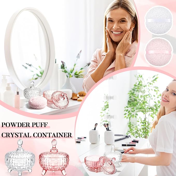 Tioncy 2 Set Extra Large Body Powder Puff and Container, 6'' Washable Vintage Decorative Crystal Powder & Container Gift for Bathroom Counter & Feminine Vanity Decor(Weave Design,Pink and Clear)