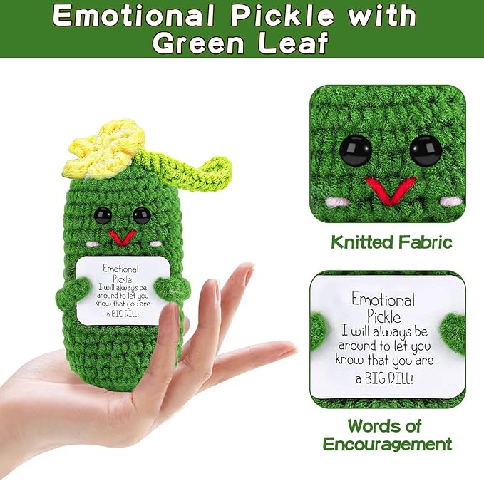 Hoedia Crochet Pickle Dolls Friend Birthday Valentines Gifts for Her Women Wife Girlfriend Sister from Husband Men, Cute Funny Gifts for Coworkers Student Teacher Roommates (Pickle with Green Leaf)