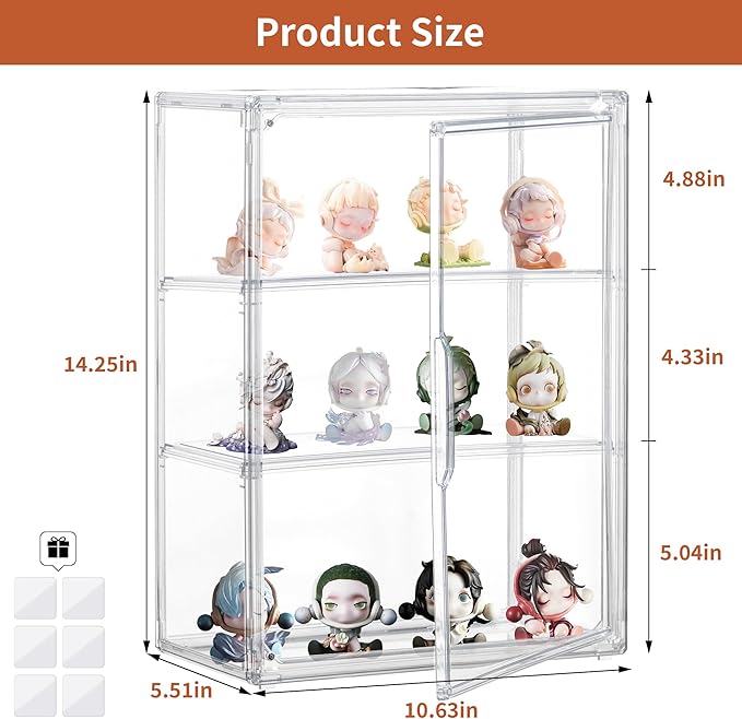 Attelite Acrylic Display Cases for Collectibles, 2 Pack 3 Layer Clear Display Case with Magnetic Door,Desktop Clear Showcase with 2 Adjustable Divider Storage Box for Action Figure