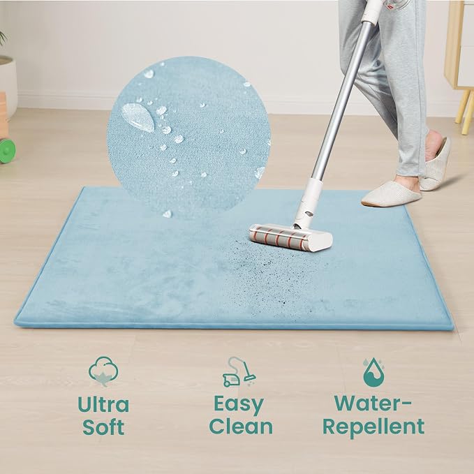 Huloo Sleep Baby Play Mat for Floor,1.3" Thick Elasti-Foam 50"×50" Playpen Mat for Tummy Time,Water Repellent Soft Coral Velvet for Toddler,Infant,Kids,Non-Slip Backing Safe for Crawling(Light Blue)