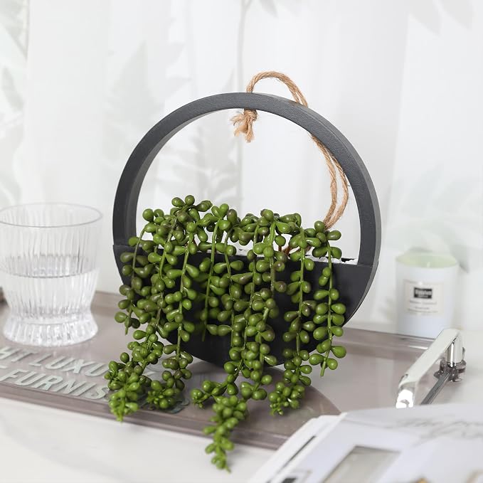 2pcs Artificial Succulents Hanging Plants 20.1'' Fake String of Pearls in Pot with 9.4'' Lanyard for Indoor Outdoor Wall Decor (Black)