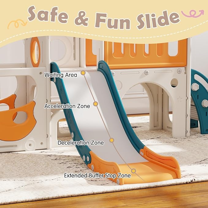 kinbor 9 in 1 Toddler Slide Set - Kids Slide with Basketball Hoop, Bus-Themed PlaySet with Easy Climb Stairs & Storage, Toddler Indoor Outdoor Playground