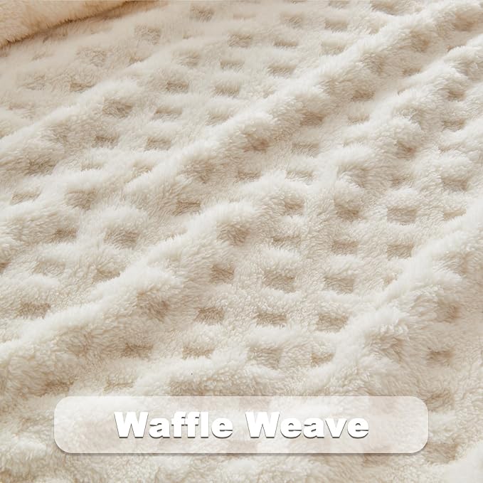 NEWCOSPLAY 3D Waffle Checkered Flannel Throw Blanket, Ivory, 50"x70" | Super Soft Cute Lightweight Decorative Premium Silky Fleece Blanket for Couch Sofa Bed, Gift for Women Men, All Season Use