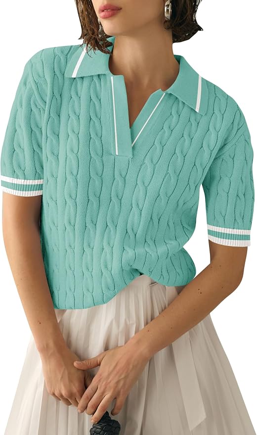 Micoson Womens Short Sleeve Sweater Tops Lapel V Neck Polo Shirts 2026 | Summer Cable Knit Loose Blouses, Business Casual Outfits