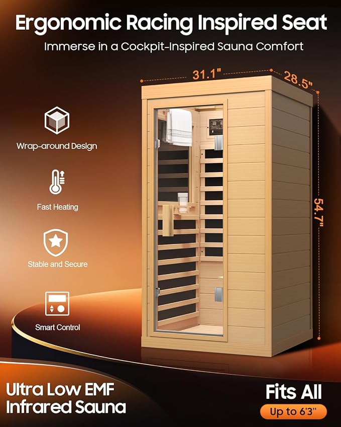 Sauna Infrared Sauna, Hemlock 1 Person Dry Sauna with Backrest, 1062W Fast Heating Low EMF Sauna with 5 Carbon Heaters, Sauna Infrared with Bluetooth & Integrated Speakers (Wood)