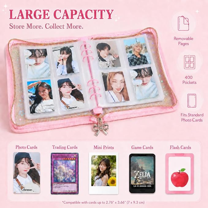 4 Pocket Card Binder for Girls with 20 Stickers, A5 Kpop Photocard Binder, Trading Card Binder for 400 Cards, Card Collection Binder, Sticker Organizer (Pink)
