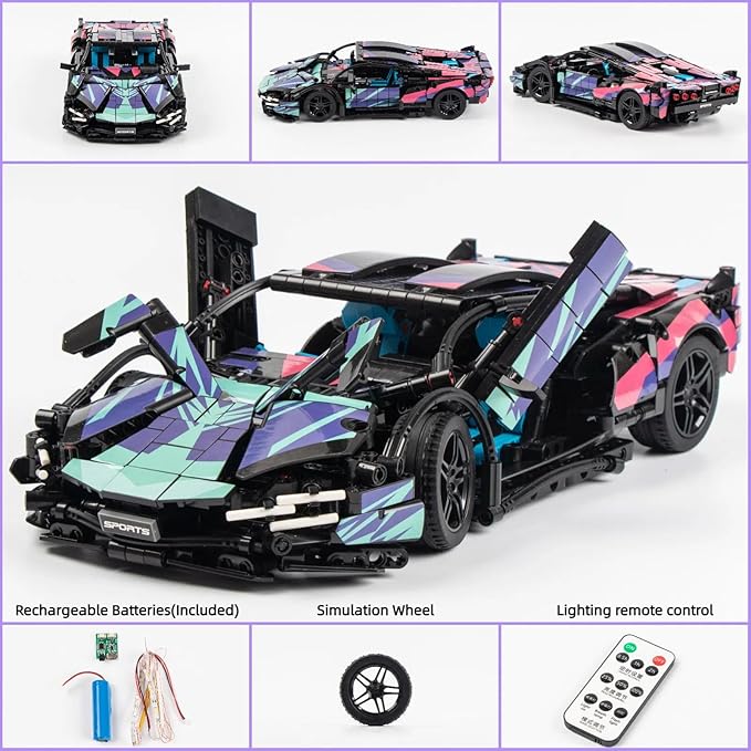 1280-piece RC Car Model Kit with Dual-Mode Play - Build a Remote Control Car, Featuring Scissor Doors and Functional Hood for STEM-savvy Teens and Hobbyists