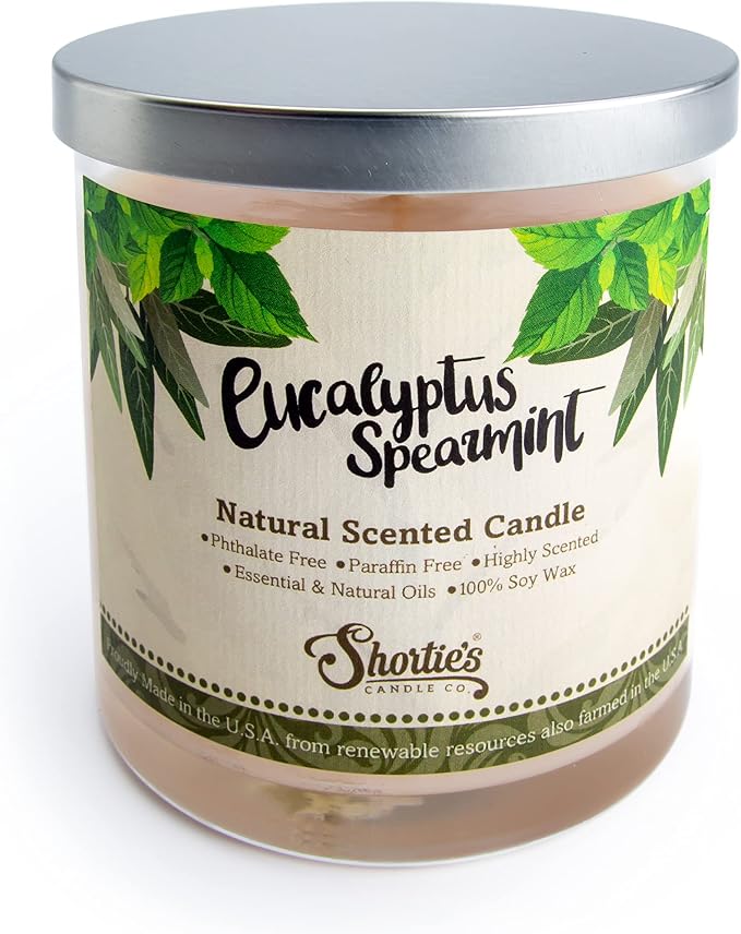 Eucalyptus Spearmint Scented Natural Soy Candle, Essential Fragrance Oils, 100% Soy, Phthalate & Paraben Free, Clean Burning, 9 Oz.