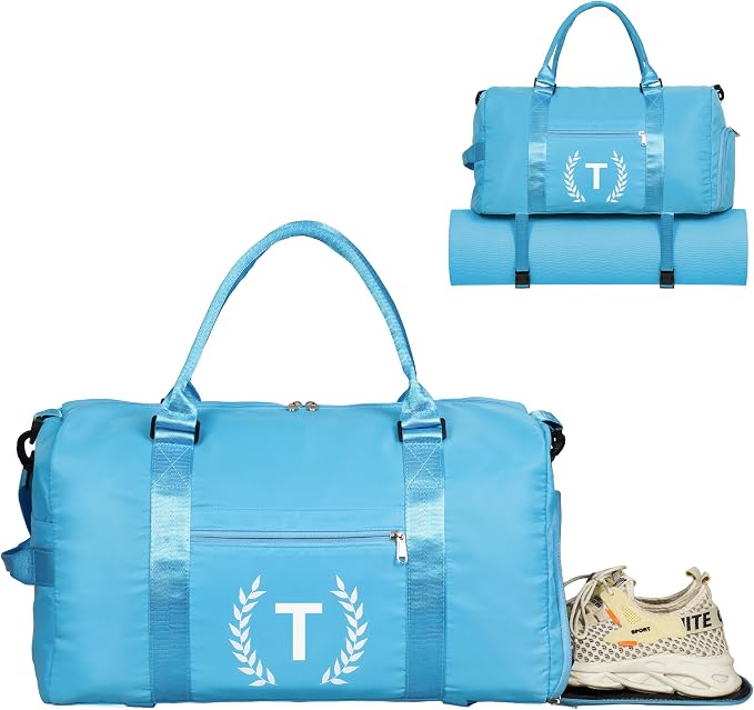 Gym Bag for Women, Personalized Duffle Bag with Shoe Compartment, Sports Bag for Yoga & Dance with Wet Pocket and Mat Strap(AquaBlue,T)
