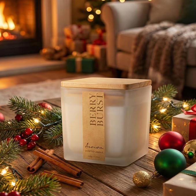 Scented Candle, 7.04 oz Berry Burst Aromatherapy Candle, Natural Soy Wax with Wooden Wick, 45 Hours Burn Time, Stress Relief Meditation Amber Jar Candle Gifts